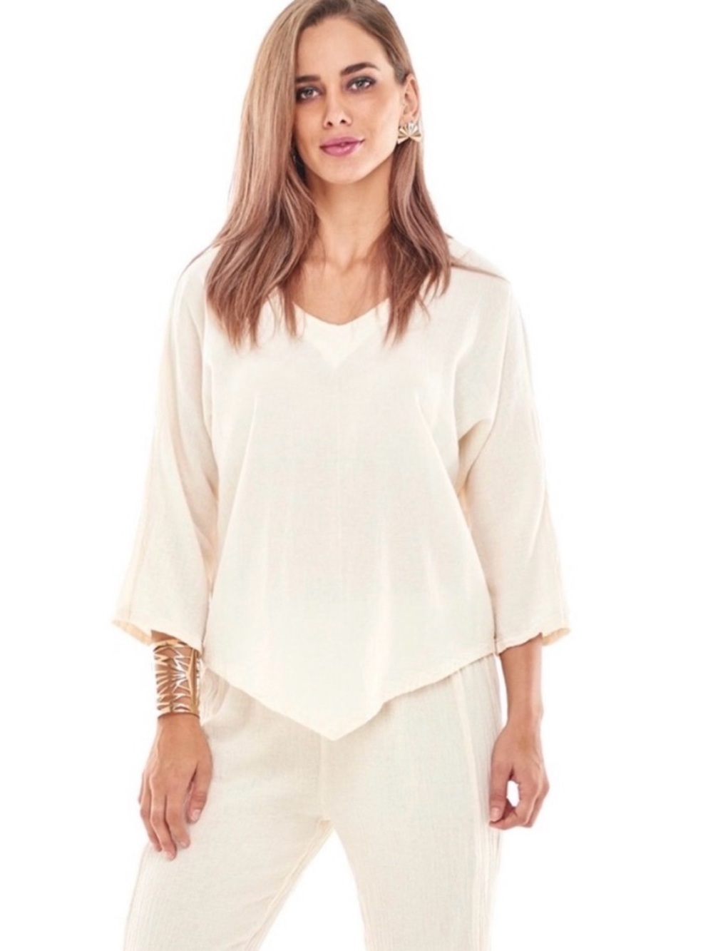 Oh My Gauze! Lynn Cream V-Neck Lightweight Top S-M